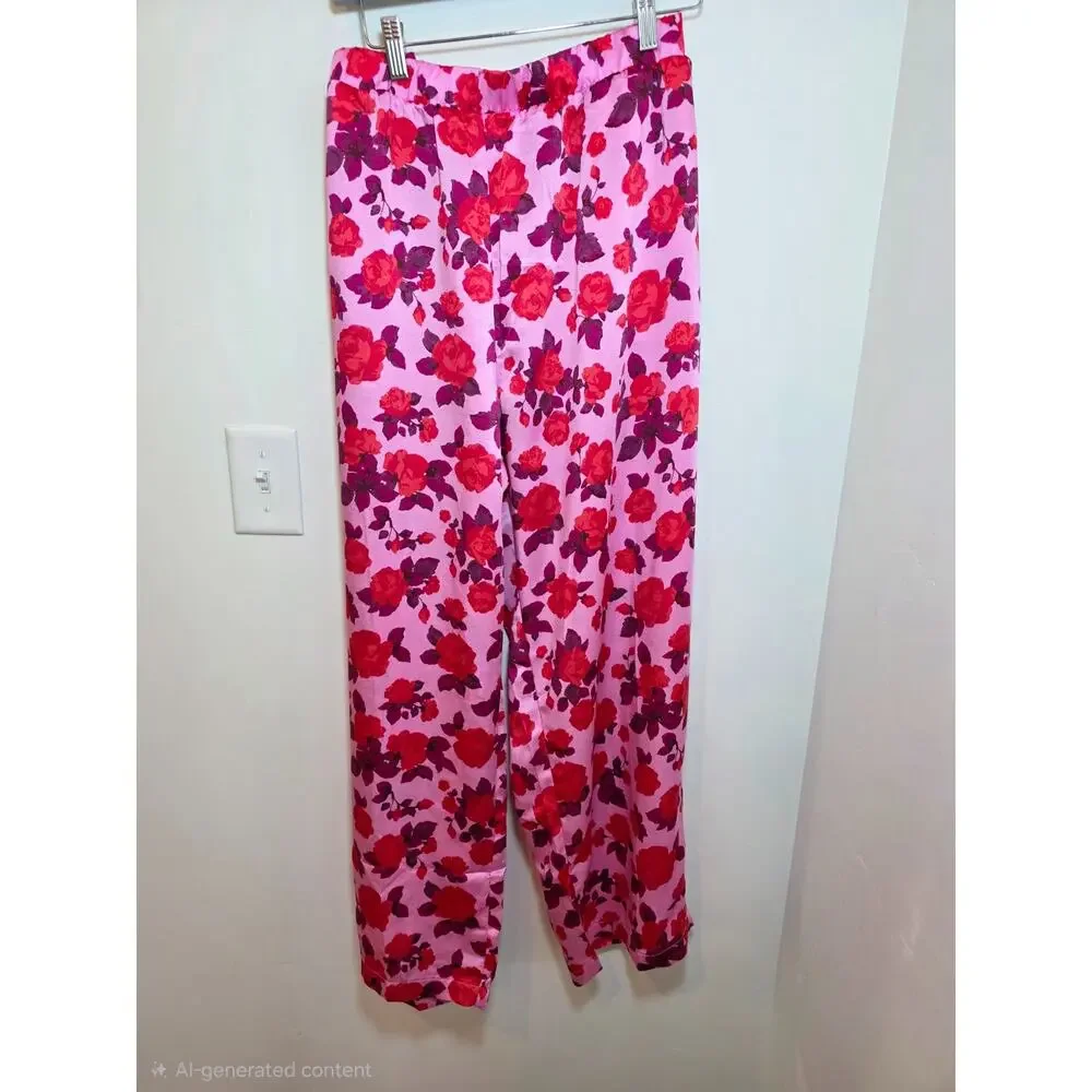 LOFT Pink Floral Silky Pajama Set Size XXL / 2X Satin Notch Colar